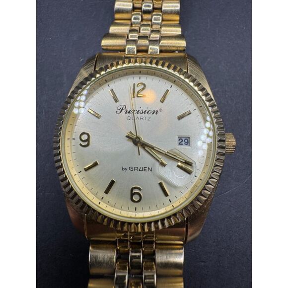 Vintage Precision by Gruen Quartz Gold Tone Mens Watch w/ Date GP5036 Japan Movt main image 5